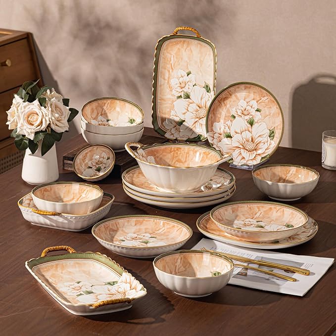 Ceramic Dinnerware Set, Floral Plates and Bowls Sets, Microwave & Dishwasher