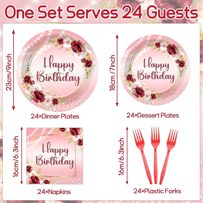 96Pcs Burgundy Birthday Party Supplies Burgundy Floral Paper Plates Napkins