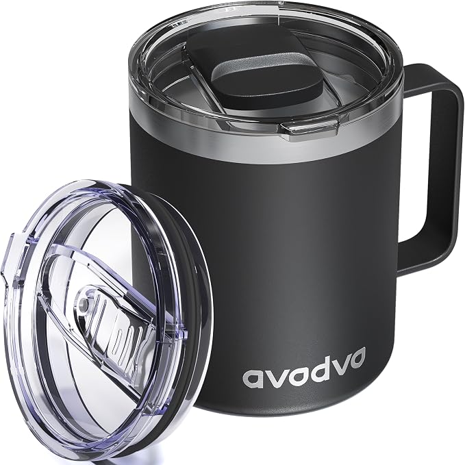 12oz Insulated Coffee Mug with Lid – Includes Two Lids, Stainless Steel Coffee