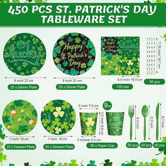 450 Pcs Happy St. Patrick's Day Tableware Set Decoration Serves 50 | Lucky
