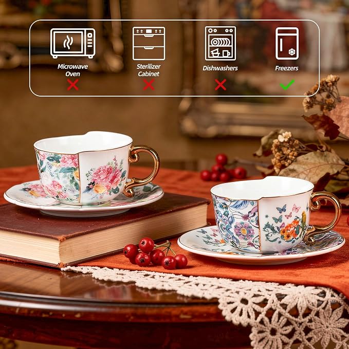 KAMMAK Tea Cups and Saucers Set of 2, Fine Bone China Coffee Cups, YX011 |