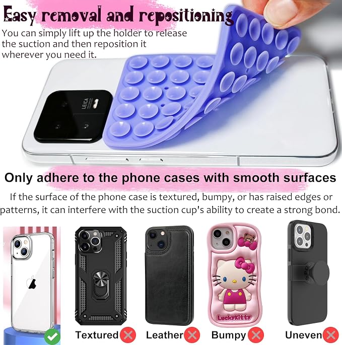 2 Pack Silicone Suction Cup Phone Case Mount Double Sided, Hands-Free Strong