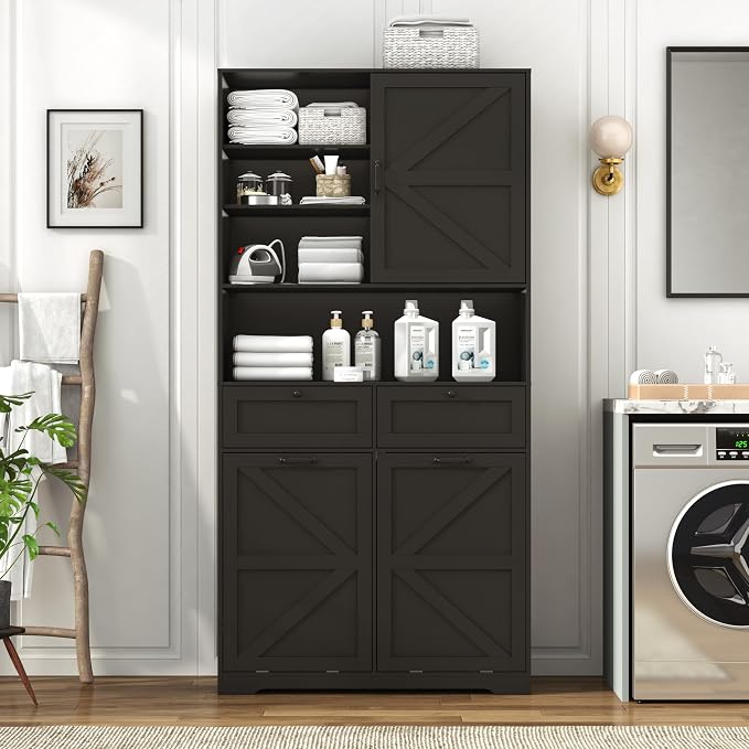 78" Tall Tilt-Out Double Doors Laundry Cabinet Hamper w Hidden Laundry