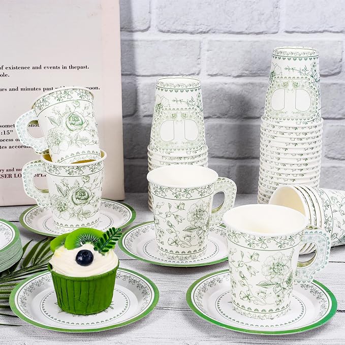 Whaline 80 Pcs Green White Floral Paper Tea Cups and Saucers Porcelain