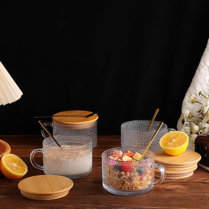 Vintage Glass Mugs 2pcs Overnight Oats Cups Embossed Tea Cups Coffee Mugs |