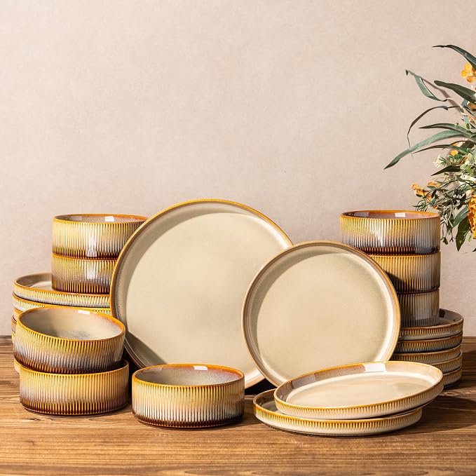 Ceramic Dinnerware Set for 8, 24-Piece Plates and Bowls Set | Lightweight