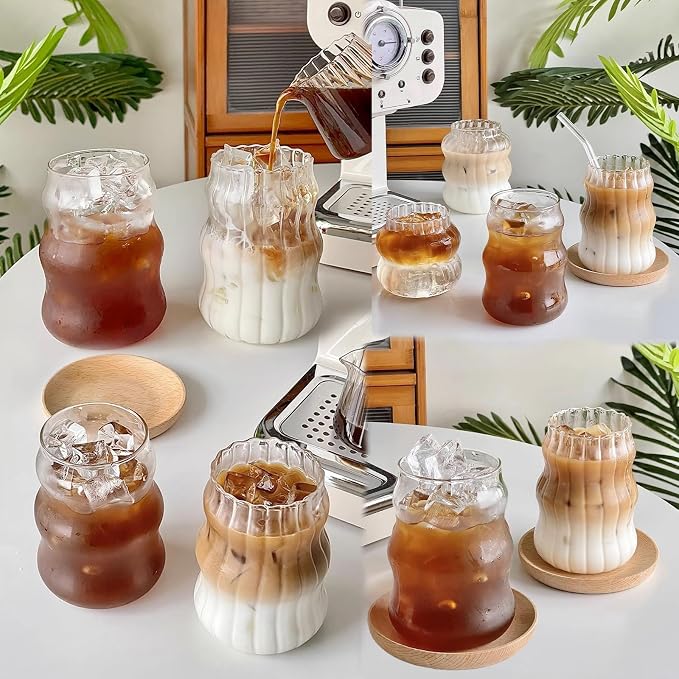 2 Pcs Ribbed Glass Cups 18 Oz Vintage Drinkware Wavy Ribbed Design Ideal
