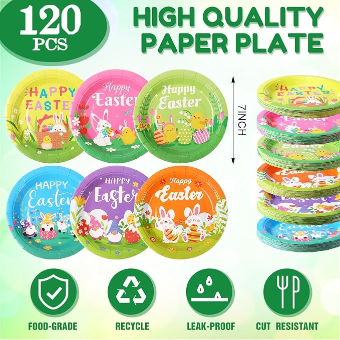 120 Pieces Happy Easter Paper Plates Bulk 7 Inch Bunny Eggs Disposable Easter