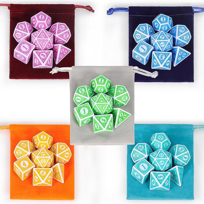 CiaraQ DND Dice with 5 Pouches, 5 Sets of Retro Polyhedral Dice