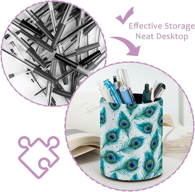 Leather Pen Holder for Desk, Peacock Feather Pencil Cup Pen Organizer Makeup