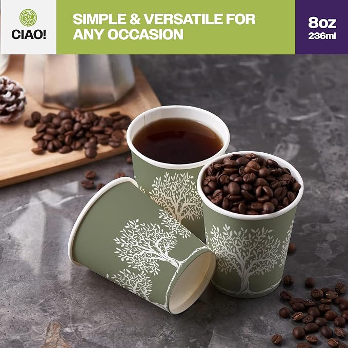CIAO! 8oz Paper Hot Cup, Rooted Olive Print