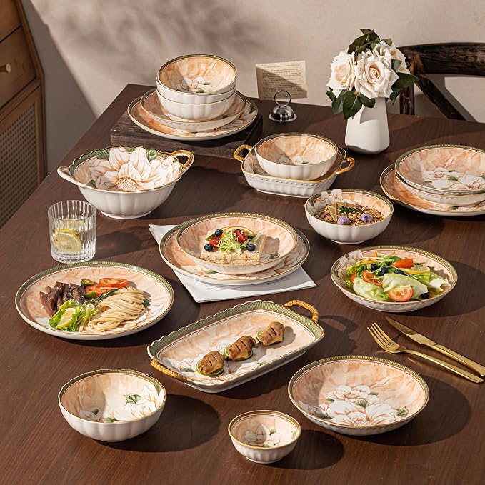 Ceramic Dinnerware Set, Floral Plates and Bowls Sets, Microwave & Dishwasher