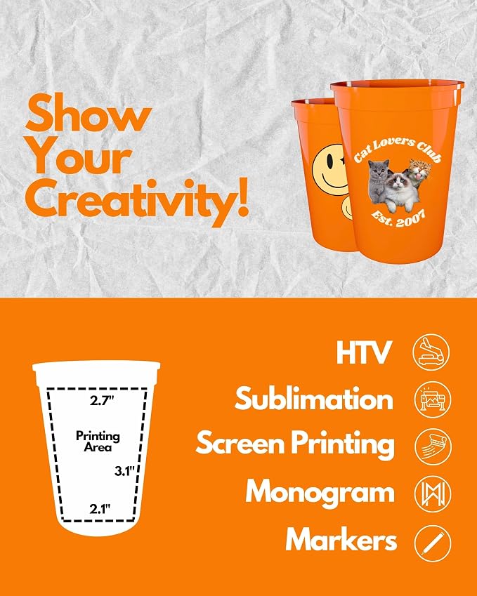 PartyPrints 10 Pack Small 10 to 12 oz Orange Reusable Blank Plastic Cups