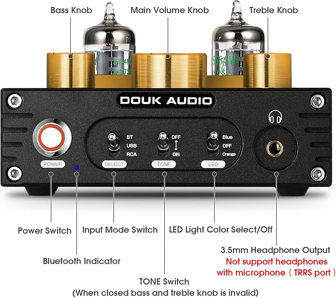 Douk Audio P1 Vacuum Tube Bluetooth Preamplifier, GE5654 Audio Preamp, Hi-Fi