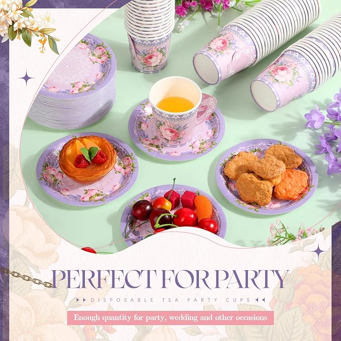 Nuogo 200 Pcs Floral Paper Tea Cups and Saucers 7 oz Disposable Paper Teacups