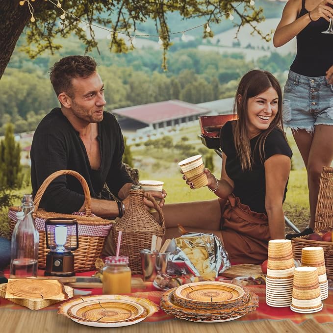 Kochorie 96 Pieces Camping Wood Grain Slice Tableware Set Rustic Wood Party