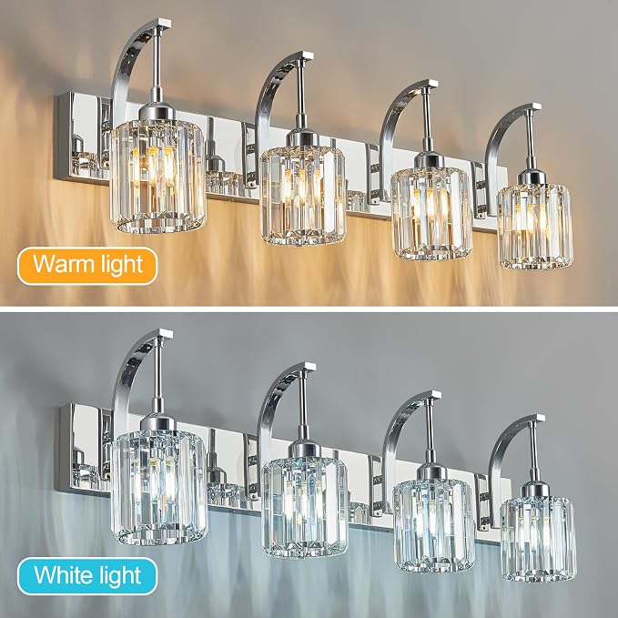 4-Light Crystal Vanity Light, Modern Chrome Bathroom Wall Sconce