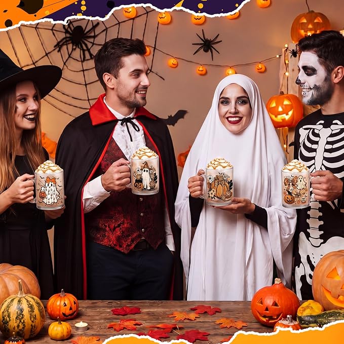 Tioncy 4 Pcs Halloween Ghost Coffee Mugs 12 oz Pumpkin Glass Cups