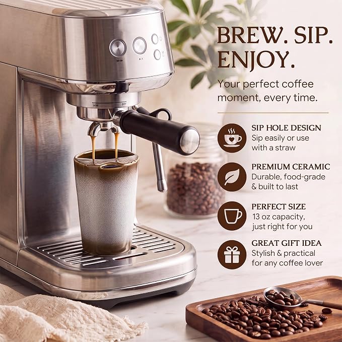1 Pack Ceramic Coffee Mug with Sip Hole, 14.5 oz Handleless Tumbler Cup with 1