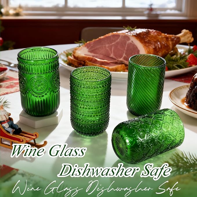CHLJAR Christmas Green Vintage Wine Drinking Glasses Set of 6, 14 oz hobnail