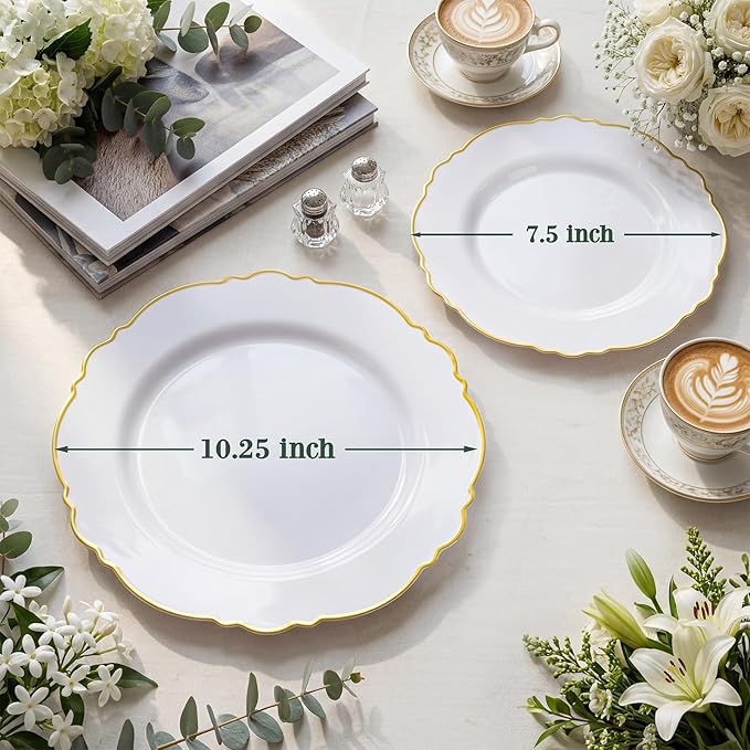 60pcs White and Gold Plastic Plates