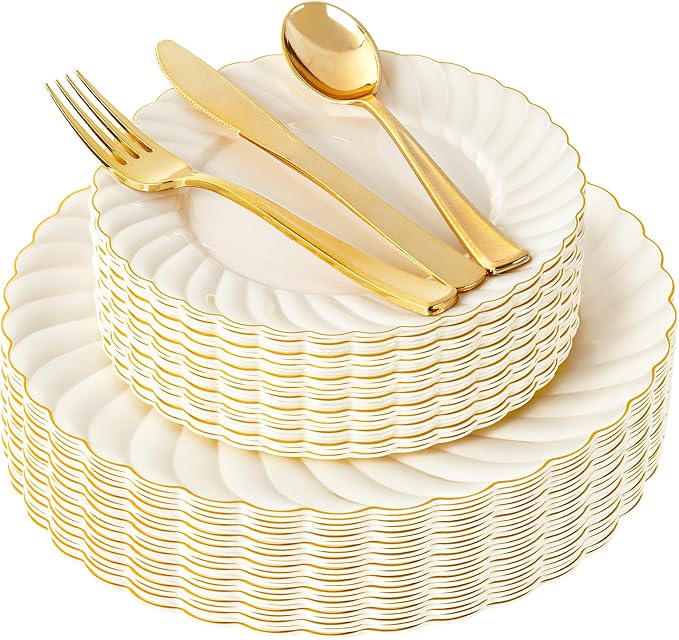 YOUBET 125PCS Ivory Scalloped Plastic Plates