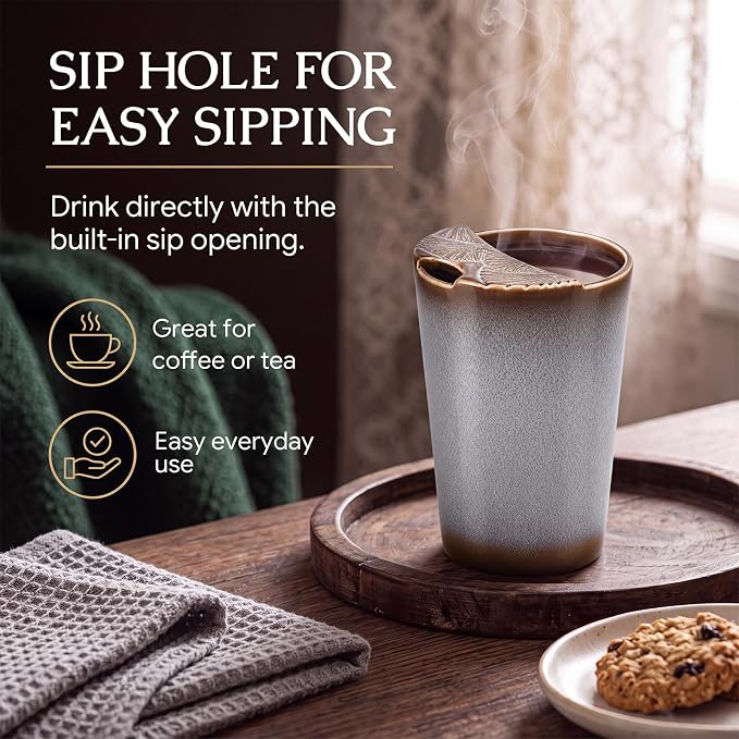 1 Pack Ceramic Coffee Mug with Sip Hole, 14.5 oz Handleless Tumbler Cup with 1