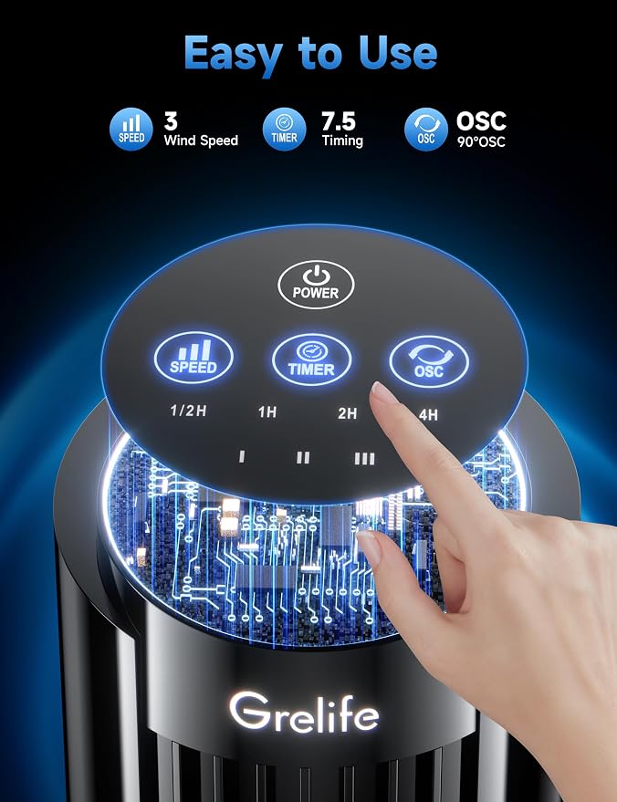 Grelife Tower Fan, Mechanical Controls, 3 Speed Settings, 90° Oscillation