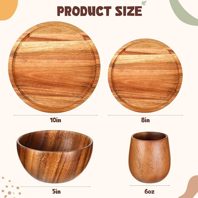16 Pcs Acacia Wood Dinnerware Set, Round Wooden Plates, Solid Wooden Bowls and