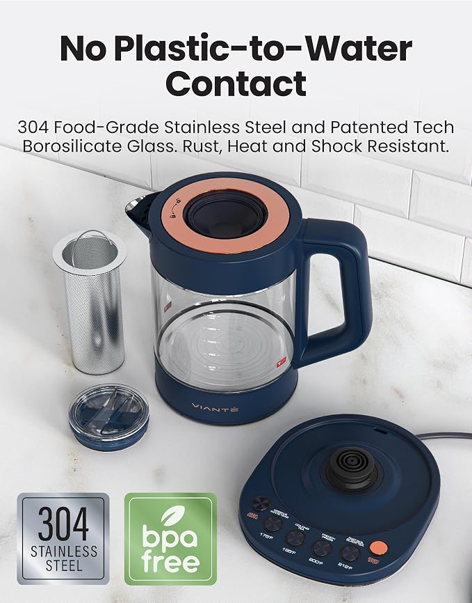 Viante Alba Electric Tea Kettle, No Plastic, Midnight Blue | Borosilicate glass
