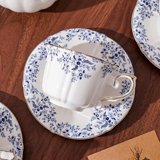 Ceramic Floral Cups with Saucers，7 oz Espresso Cups