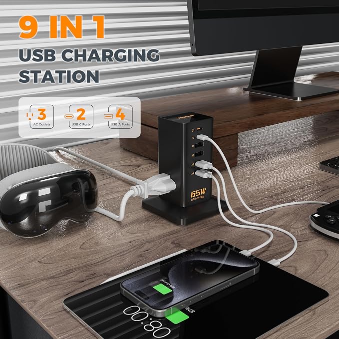 USB Charging Station for Multiple Devices 10Ft Cord, TESSAN 9-in-1 USB C