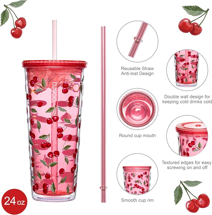 bzyoo 24oz Plastic Tumbler Cup, Lid & Straw, Iced Coffee Cherry Splash | Double
