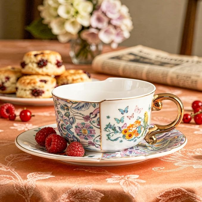 KAMMAK Tea Cups and Saucers Set of 2, Fine Bone China Coffee Cups, YX011 |