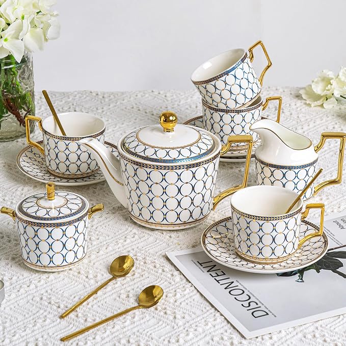 CwlwGO- Bone China Tea Cup Sets, 15-Pieces Tea Cup and Saucer Set Service