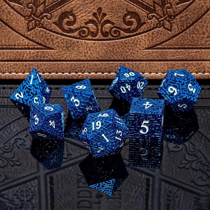 Blue Metal Hollow DND Dice Set Metallic Luster Maze Design