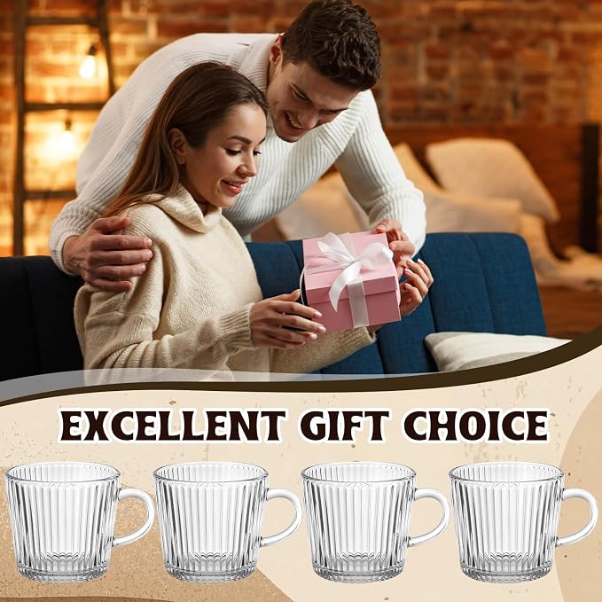12 Pack Glass Coffee Mugs with Handle 8.5 oz Classic Vertical Stripes Glass