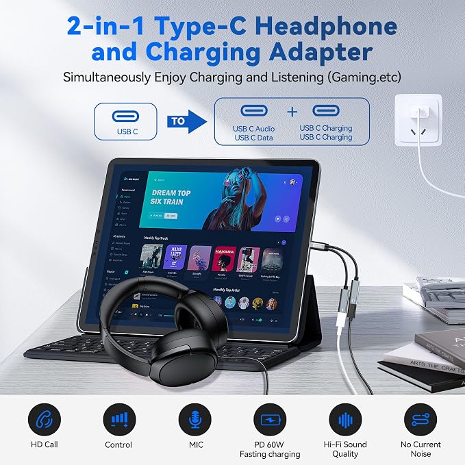 USB C Splitter, 1 in 2 Out Dual USB C Type Headphone and 60W PD Charger Audio