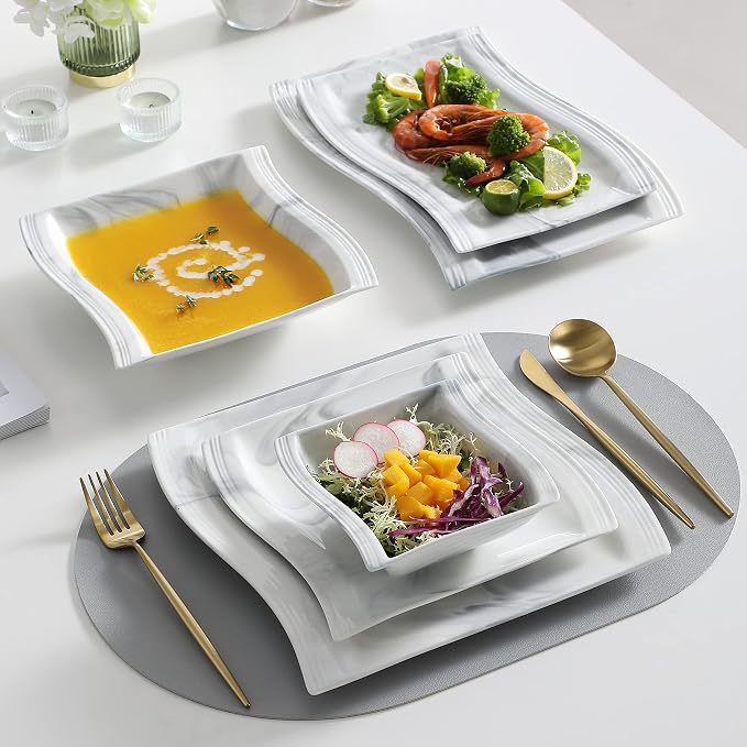 MALACASA 26-Piece Marble Grey Square Dinnerware Sets, Flora Porcelain Dinner Set