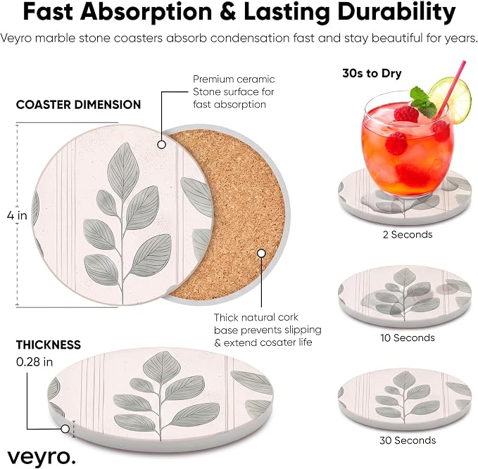 VEYRO Ceramic Coasters Set of 6 or 4 – Absorbent Stone Drink Coasters