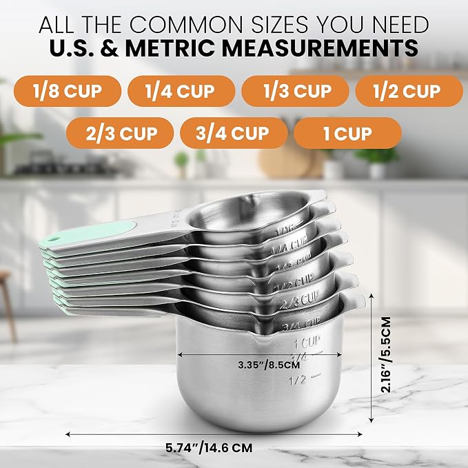 Spring Chef Magnetic Stainless Steel Measuring Cups Set of 7 Patented, Mint |
