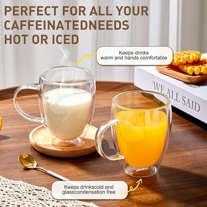 4-Pack 12 Oz Double Walled Glass Coffee Mugs