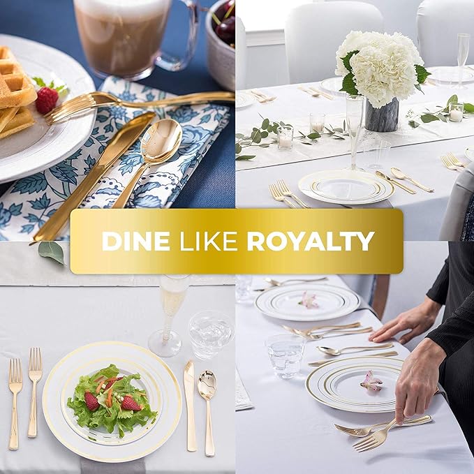 125-Piece White and Gold Fancy Plastic Plates Disposable