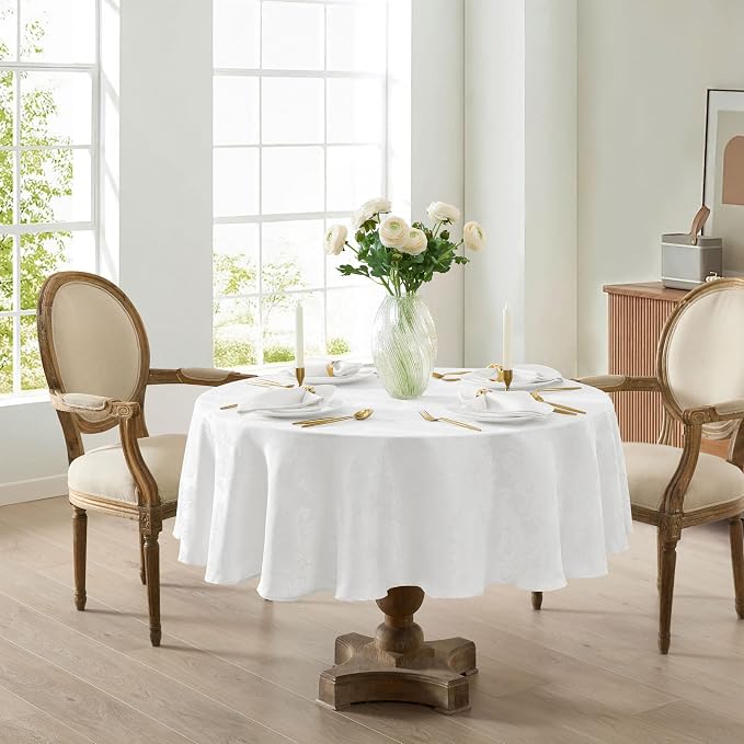 Newbridge Barcelona Luxury Damask Fabric Tablecloth, 90” Round, 100% Polyester