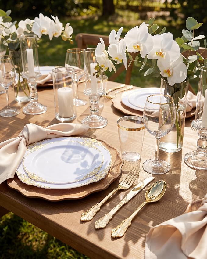 Nervure 100Pcs 10.25'' Gold Plastic Plates, Heavy Duty Disposable Plates