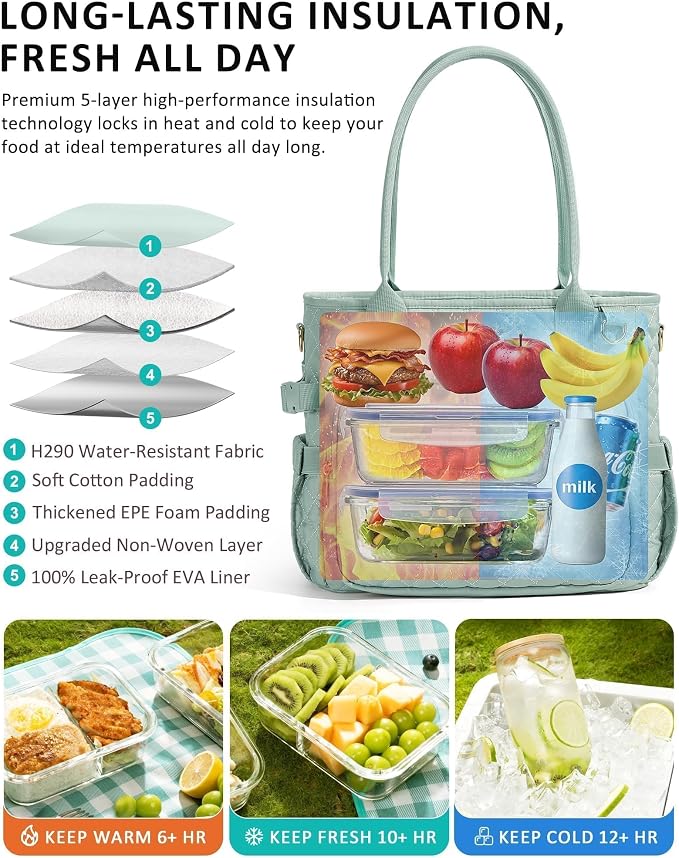 Lunch Box for Women Insulated Lunch Bag Quilted Soft Cooler Tote | 7 Pocket