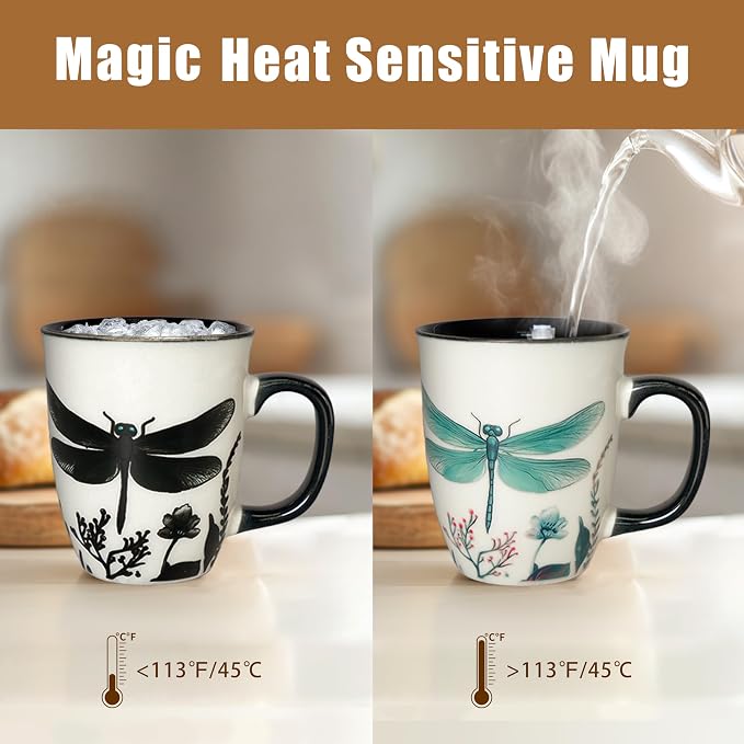 16 oz Dragonfly Coffee Mug, Color Changing Cup | Ceramic Coffee Cup, Heat