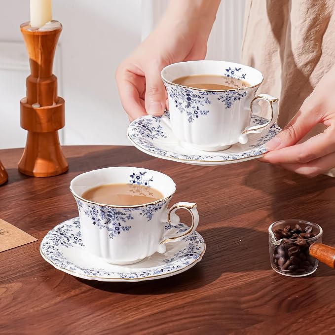 Ceramic Floral Cups with Saucers，7 oz Espresso Cups