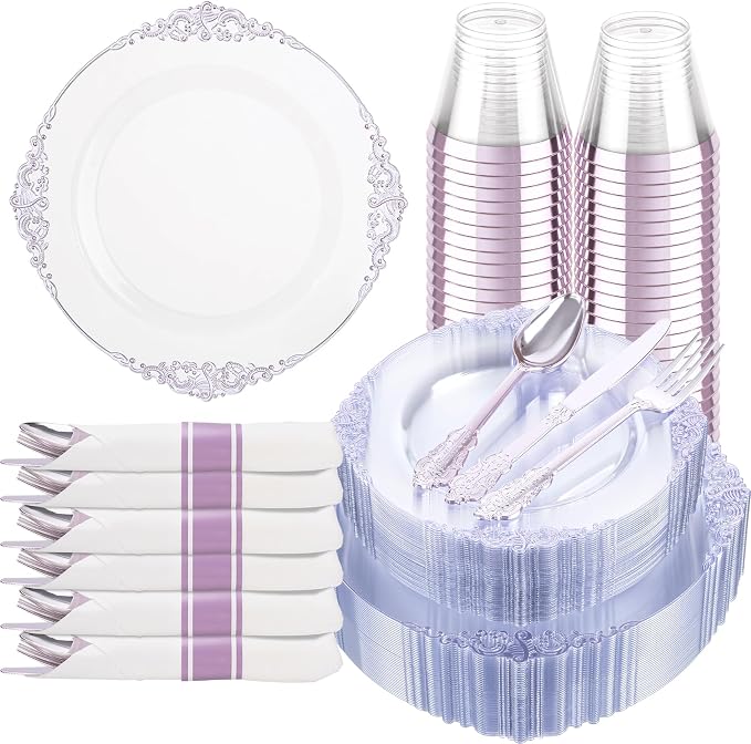 175 Pcs Clear Purple Plates for Party | Party Plates Set for 25 Guests