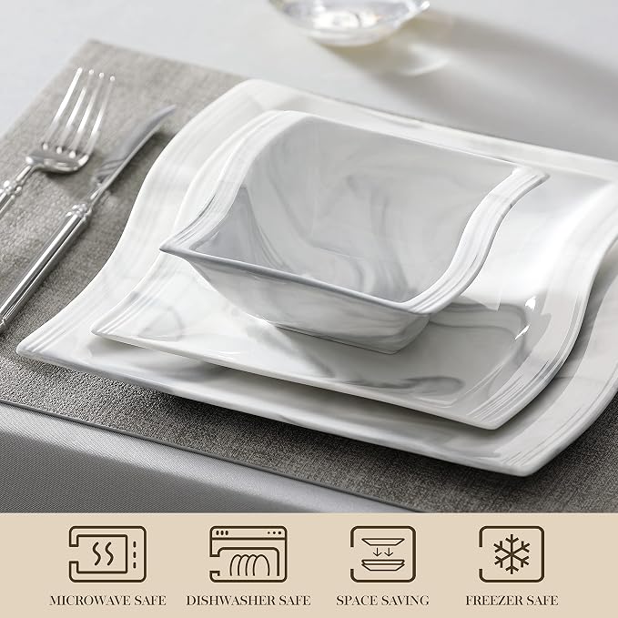 MALACASA 26-Piece Marble Grey Square Dinnerware Sets, Flora Porcelain Dinner Set